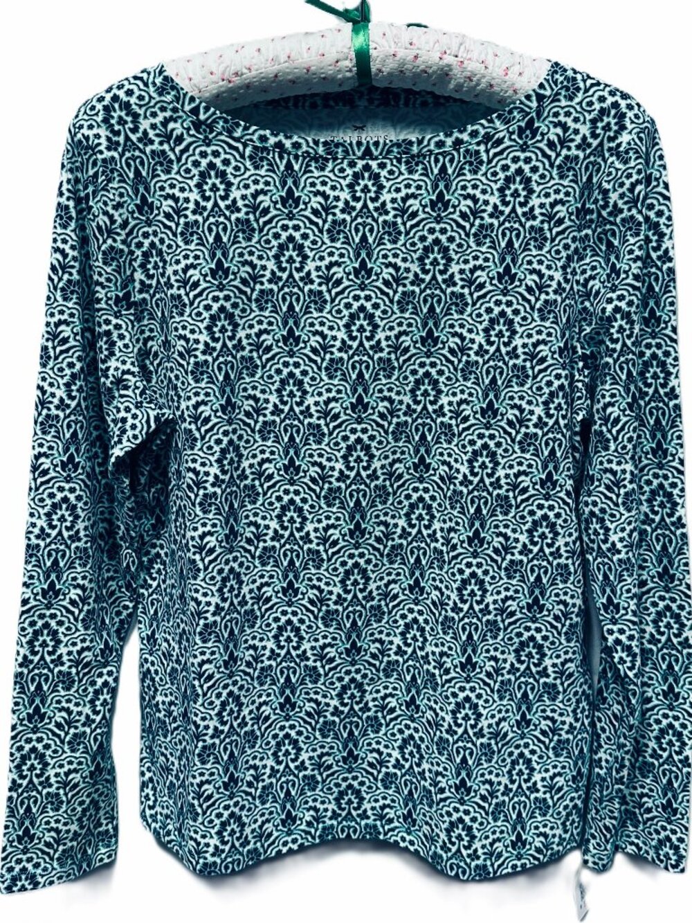 Talbots L Blue White Damask Floral Cotton Boatneck Long Sleeve Top Coastal